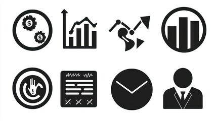 Poster - A set of basic black-and-white icons, representing core business concepts like charts, people, and money.