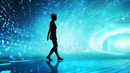 Poster - A silhouette of a person walking on a glowing, futuristic blue background.