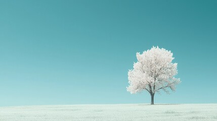 Poster - A single cherry tree standing in an open grassy field under a clear blue sky.
