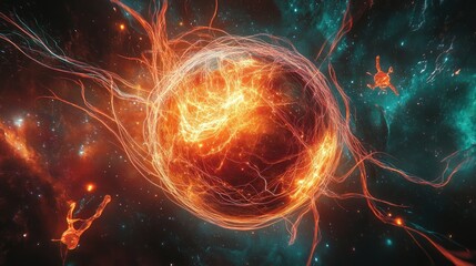 fiery cosmic sphere, energy strands, nebula background, science fiction art