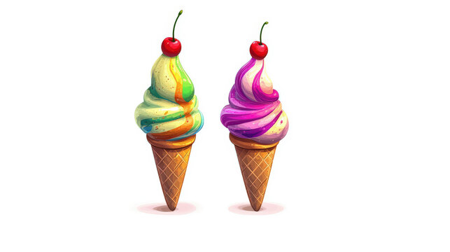 playful cartoon ice cream cone with colorful swirls cherry on top and a crispy waffle cone for a fun treat