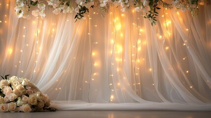 Poster - A softly lit wedding background featuring draped fabric, fairy lights, and flowers.