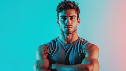 Poster - A sporty man posing confidently in front of a gradient blue backdrop.