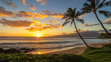 Poster - A stunning tropical beach scene with palm trees silhouetted against a glowing sunset sky.