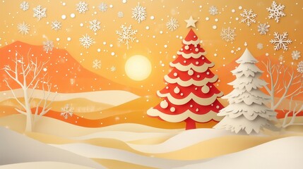 Aufkleber - Festive Christmas landscape featuring a glowing tree and winter decorations under a warm sunset sky Generative AI