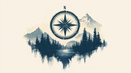 Poster - A stylized compass drawing with a mountain and forest incorporated into the design