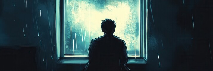Aufkleber - Lonely person gazing out a rainy window during a moody evening filled with deep blues and grays
