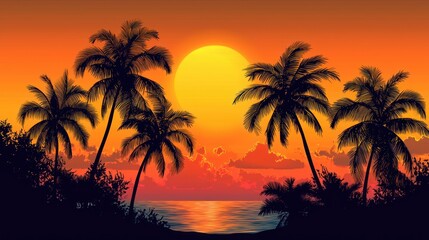 Poster - A sunset scene with palm trees silhouetted against an orange horizon.