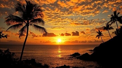 Poster - A sunset scene with palm trees silhouetted against an orange horizon.