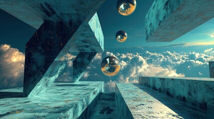 Aufkleber - A surreal 3D abstract scene with floating objects and impossible structures.