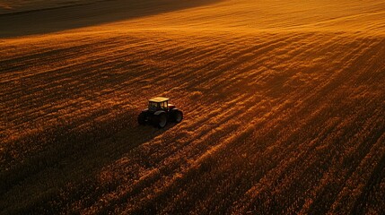 Poster - A tractor parked in a wheat field, with the setting sun casting long shadows across the land.