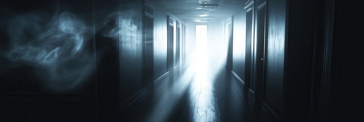 Poster - Dark corridor filled with shadowy ghostly figures and flickering light creates a chilling atmosphere for a horror experience