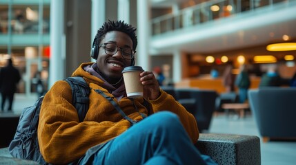 Poster - A university student in a campus lounge, engaged with a podcast while sipping coffee.