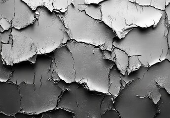 Poster - Cracked and Peeling Surface Texture in Monochrome Shades of Grey Showing Layers of Paint and Material Degradation for Artistic and Design Use