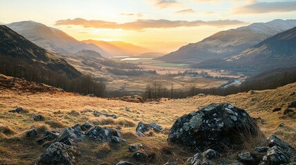Poster - A valley surrounded by mountains, bathed in the warm glow of a setting sun.