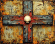 © Ross - Rustic Cross with Seashell Centerpiece on Weathered Metal Texture: Artistic Abstract Vector Design with Rich Color Palette and Industrial Rivet Accents