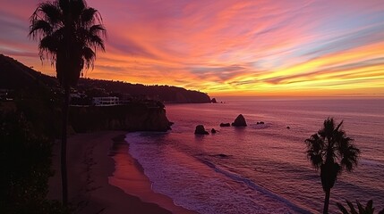 Poster - A vibrant California beach at sunset, with palm trees silhouetted against the colorful sky.