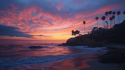 Poster - A vibrant California beach at sunset, with palm trees silhouetted against the colorful sky.
