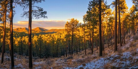 Poster - A vibrant pine tree forest bathed in golden sunlight during sunrise.