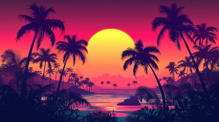 Poster - A vibrant sunset over a tropical beach, with palm trees swaying in the warm summer breeze.