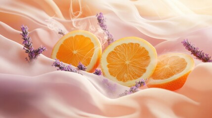 Poster - Vibrant sensory experience with coffee steam, lavender fields, and citrus slices in soft silk layers for a calming effect Generative AI