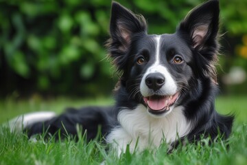 Poster - Happy Border Collie lounging in green grass on a sunny day in a backyard garden Generative AI