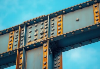 Poster - Detailed Close-Up of Rusty Steel Beam Structure with Visible Rivets Against a Bright Blue Sky