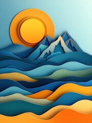 Poster - Vibrant layered paper art depicting rolling waves, mountains, and a warm sun with gradient colors for a travel inspired aesthetic Generative AI