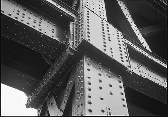 Poster - Detailed close-up view of industrial metal structure with rivets showcasing strong architectural design and engineering brilliance in black and white tones