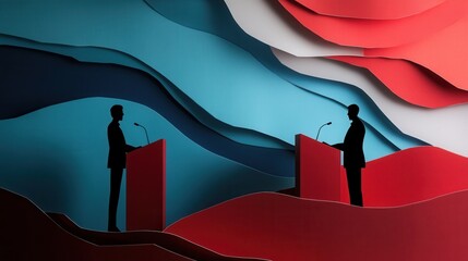 Poster - Engaging political debate with bold silhouettes and dynamic paper art background creating a dramatic atmosphere Generative AI