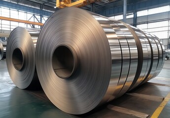 Poster - Detailed View of Large Steel Coils in Industrial Manufacturing Facility Highlighting Precision Engineering and Modern Production Techniques
