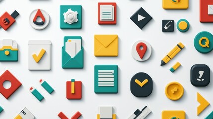 Poster - A wide assortment of general-purpose icons in various colors, including arrows, tools, and documents, placed on a neutral background.