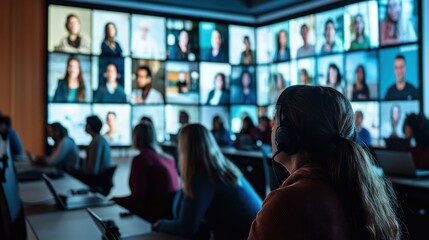 Poster - A wide shot of multiple volunteers joining a virtual workshop on large screens.