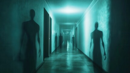 Poster - Dark corridor filled with ghostly figures and flickering lights creates a chilling horror atmosphere