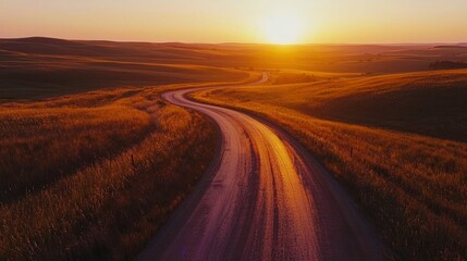 Poster - A winding road stretching into the distance, bathed in the warm light of sunset.