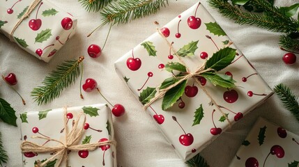 Poster - A wrapping paper with cherries and green leaves, spread out on a gift table.