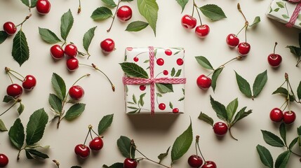 Poster - A wrapping paper with cherries and green leaves, spread out on a gift table.