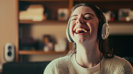 Poster - A young woman wearing headphones, laughing while recording a podcast at home.