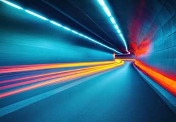 Poster - Dramatic Light Trails Inside a Modern Tunnel with Vibrant Blue and Orange Illumination Capturing Motion and Energy in a Dark Space