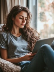 Poster - Young woman enjoys reading on a tablet while sitting comfortably in a cozy indoor environment during the afternoon Generative AI