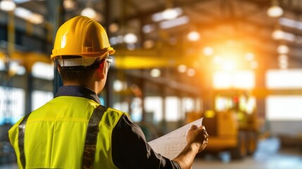 Poster - A worker in a hard hat and safety vest examines plans in a warehouse, illuminated by warm light, emphasizing construction and safety.