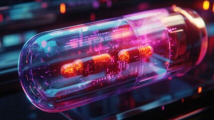 Poster - Futuristic transparent pill bottle with glowing capsules showcasing cyberpunk aesthetic and high tech design Generative AI