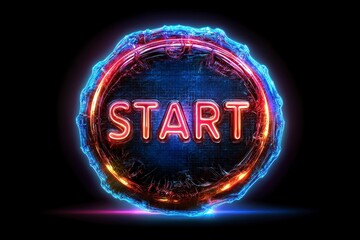 Poster - Bright Neon Start Button with Glowing Edges in Futuristic Design Against a Dark Background