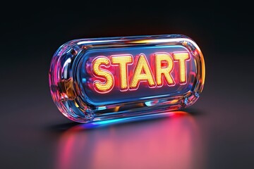 Poster - Vibrant Neon Start Button with Colorful Light Effects on a Dark Background
