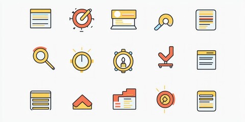 Poster - An editable thin-line icon set showcasing teamwork, data analysis, and digital tools