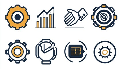 Poster - An icon set with bold lines and high contrast, showcasing symbols like gears, charts, and a handshake.