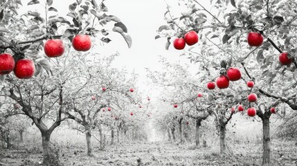 Poster - An orchard full of apple trees with ripe red apples hanging from the branches.