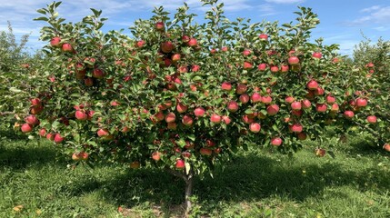 Poster - An orchard full of apple trees with ripe red apples hanging from the branches.