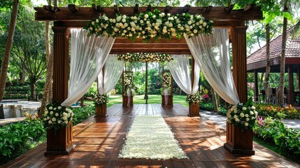 Poster - An outdoor wedding ceremony under a pergola surrounded by nature