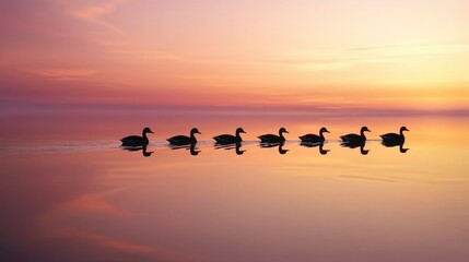 Aufkleber - Ducks gliding across a lake reflecting the orange and pink tones of a serene sunset.
